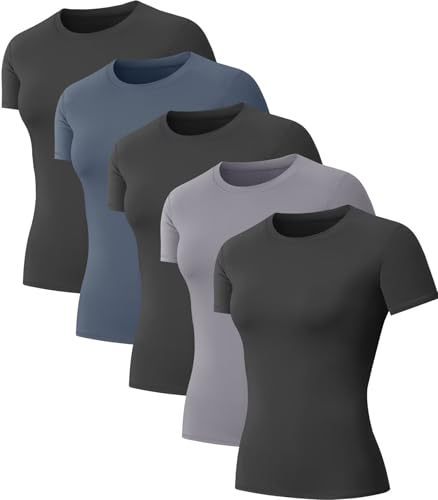 Women’s Slim Fit Compression Workout Shirts – Short Sleeve Crew Neck Athletic Baselayer, Quick-Dry Polyester Solid Tops