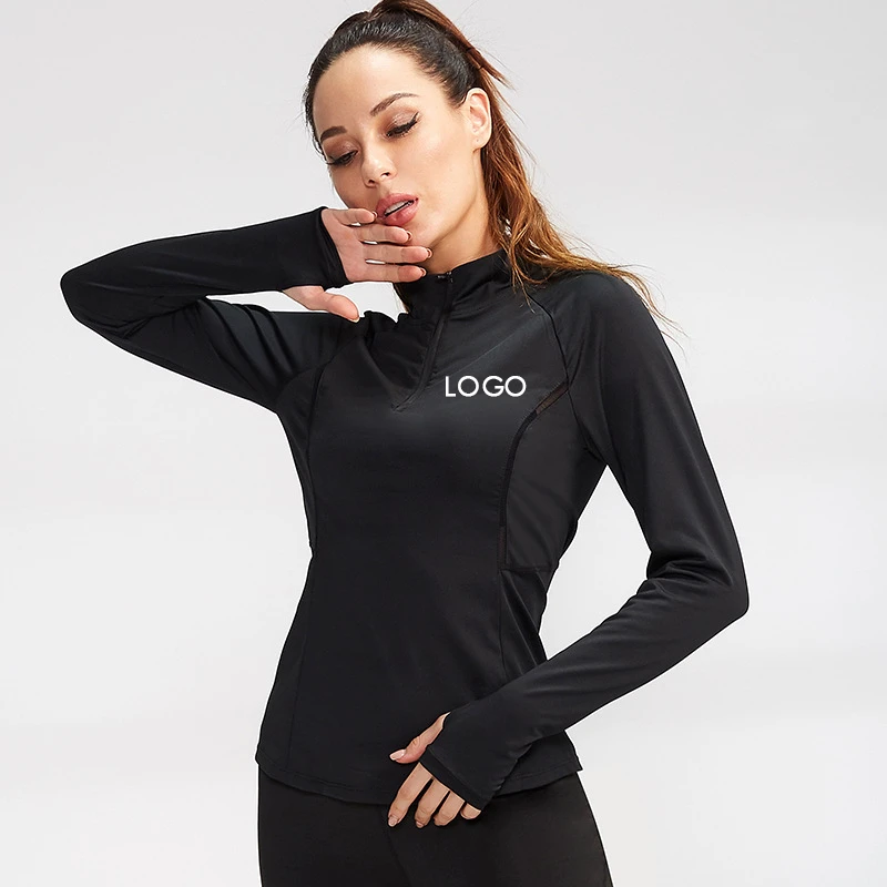 Customized Sports Long Sleeve Four-Way Polyester Stretch Zip Pullover Yoga Tops Fitness Yoga Wear for Women