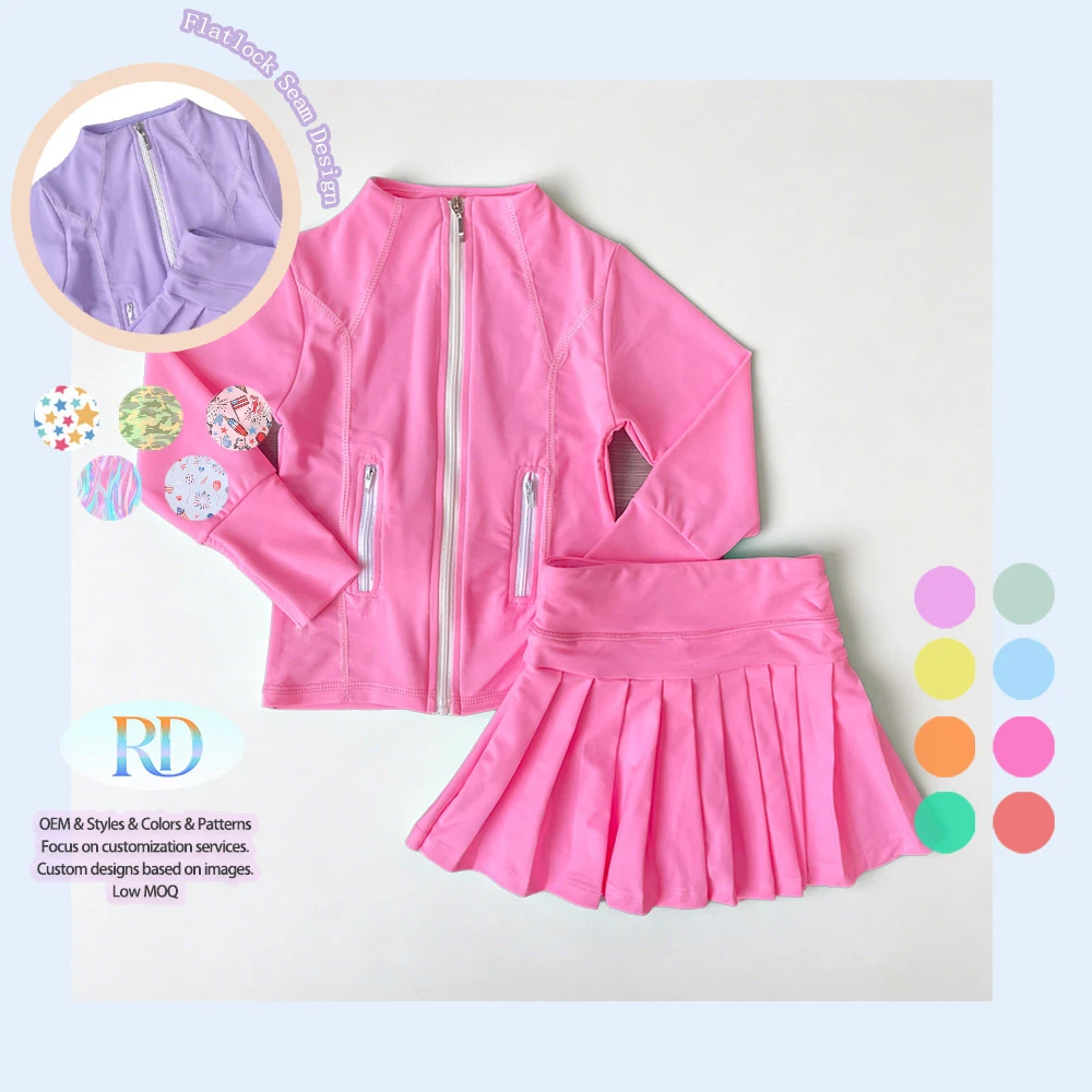 Nylon Elastic 2 Piece Outfit Kid Zip up Jacket Pleated Skirt Nylon Spandex Exercise Yoga Set High Stretch Girls 2 Piece Yoga Set