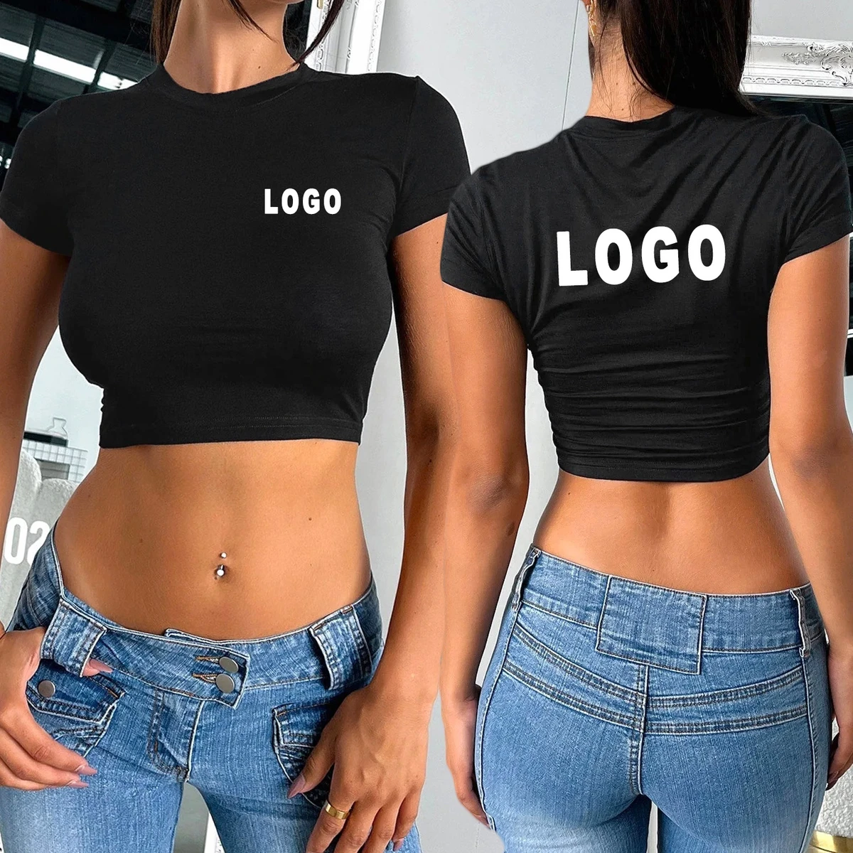 Customize Female Round Neck Casual Cropped Fitness Short Sleeve Slim Fit T-Shirt Plain Crop Top Women Baby Tees Shirt