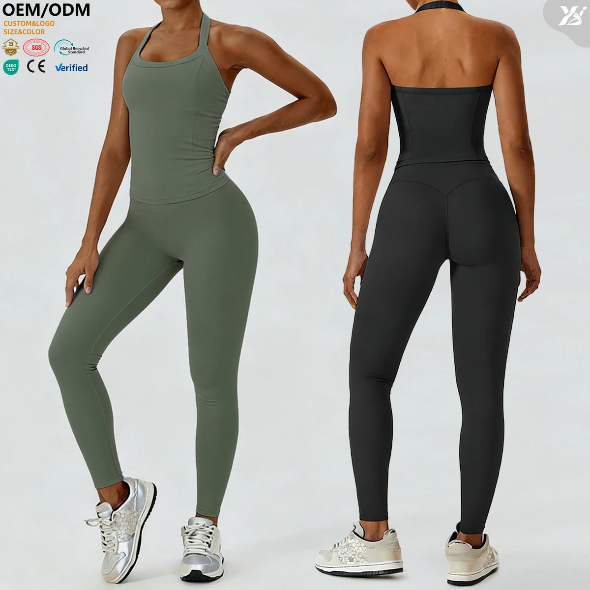 Women Gym Two Piece Yoga Set Halter Tank Top High Waist Leggings Breathable Quick Dry Activewear for Fitness Running Pilates