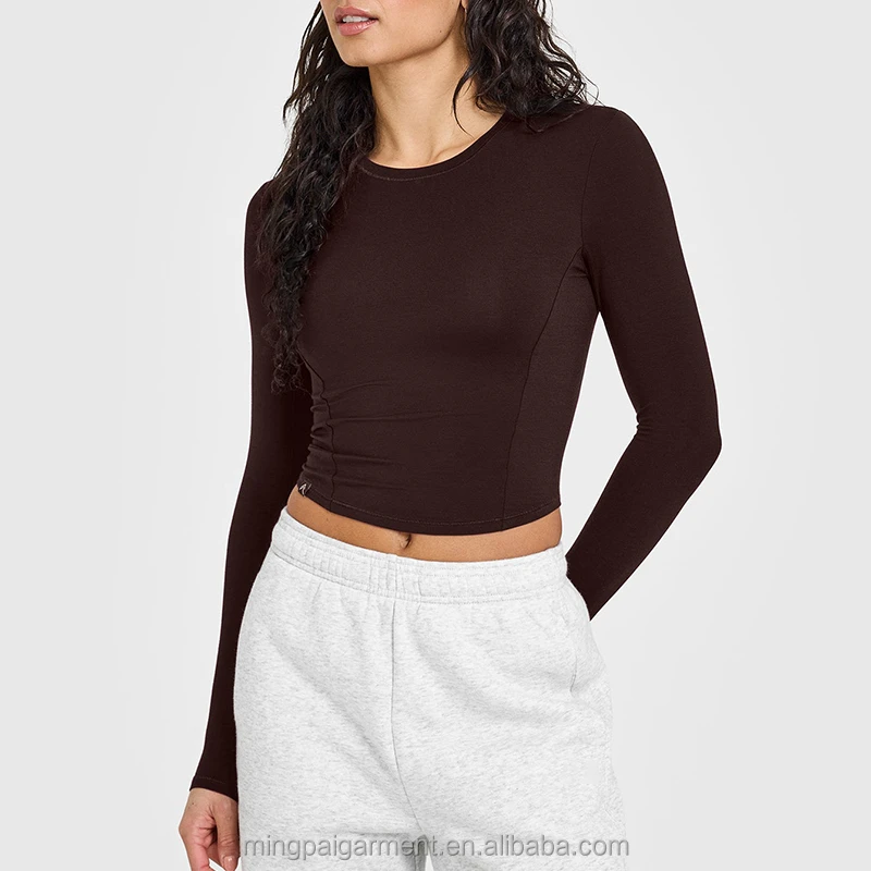 Custom OEM Knitted Sports Breathable Spandex / Nylon Long Sleeve Fitness Wrap Shirt Top for Seamless Women's Yoga Top