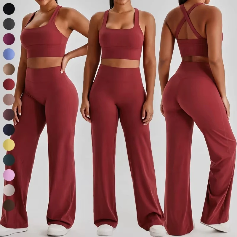 Women 2 Pieces Wide Leg Workout Suit Cross Back Padded Sports Bra High Waist Flare Yoga Pants