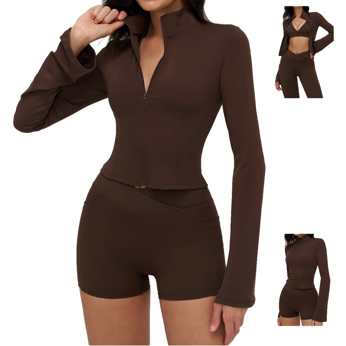 2026 Newly Launched Solid Fitness Running Women's Sports Suit Breathable Slim Fit Long Sleeved Shorts Yoga Two-piece Set