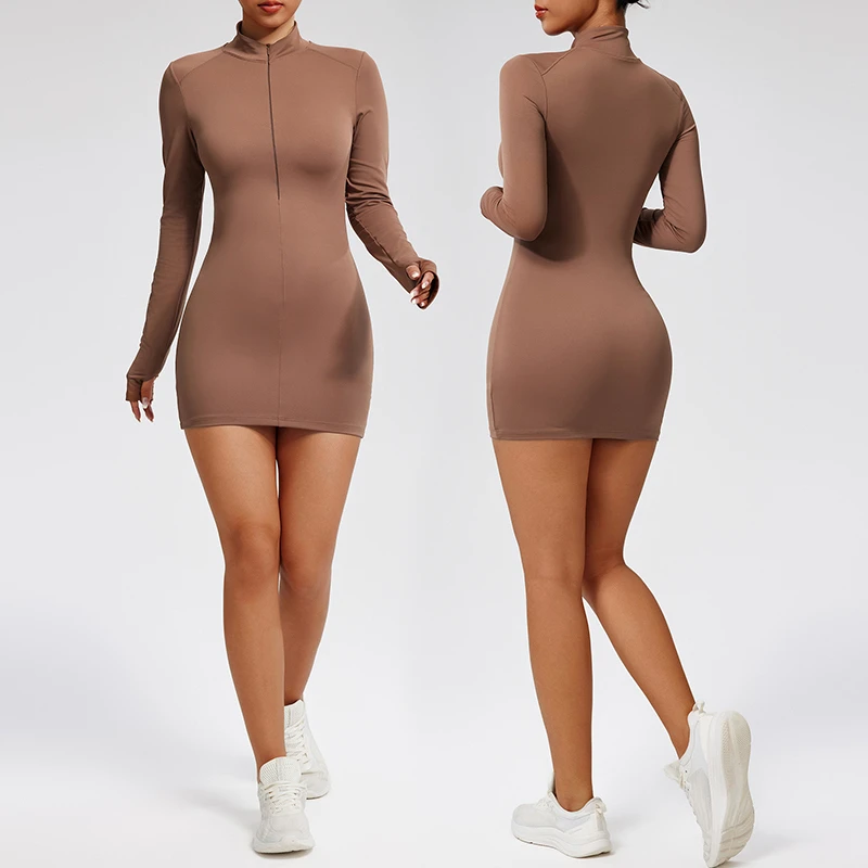 High Quality Quick-Dry Fitness Yoga Dress Casual Sports Dress Plus Size Zipper Long Sleeve Dress for Women