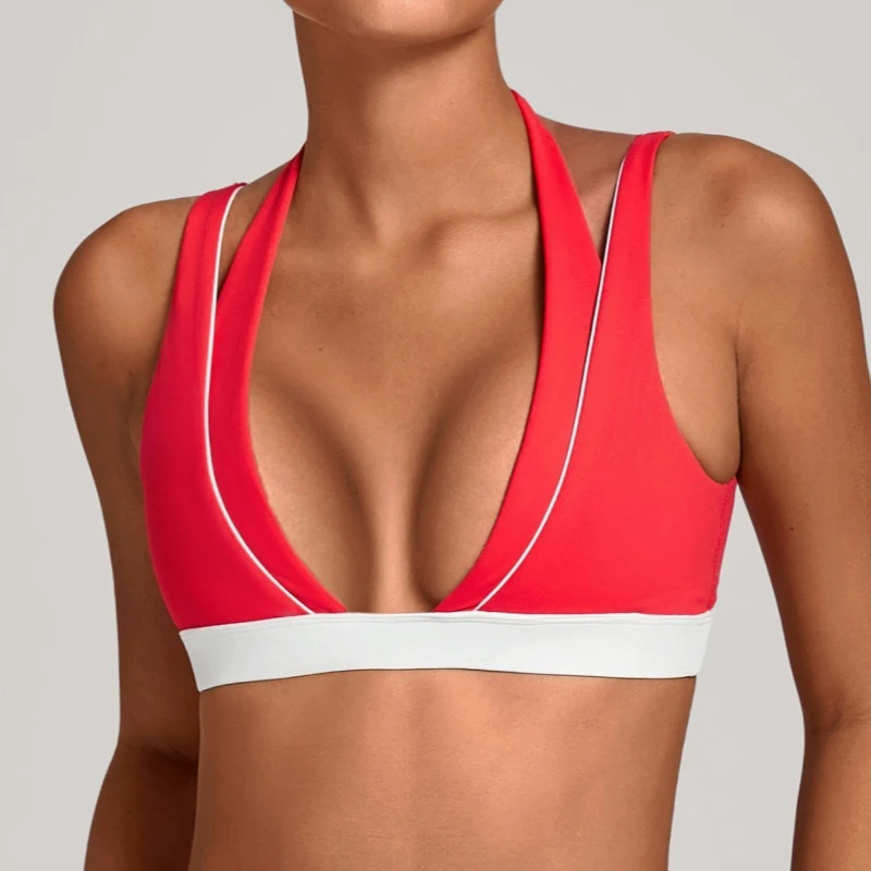 Women's Double Layer Sport Bra Deep V Back Yoga Bra with Color Blocking Fitness Running Halter Neck with Clip V Bra