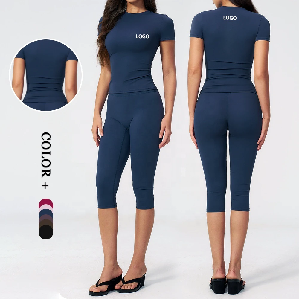 Buttery-Soft Fabric Compression Sleeve Round Neck Half Sleeves Elastic Top Capri Yoga Leggings Calf-length Sets Pilates Suits