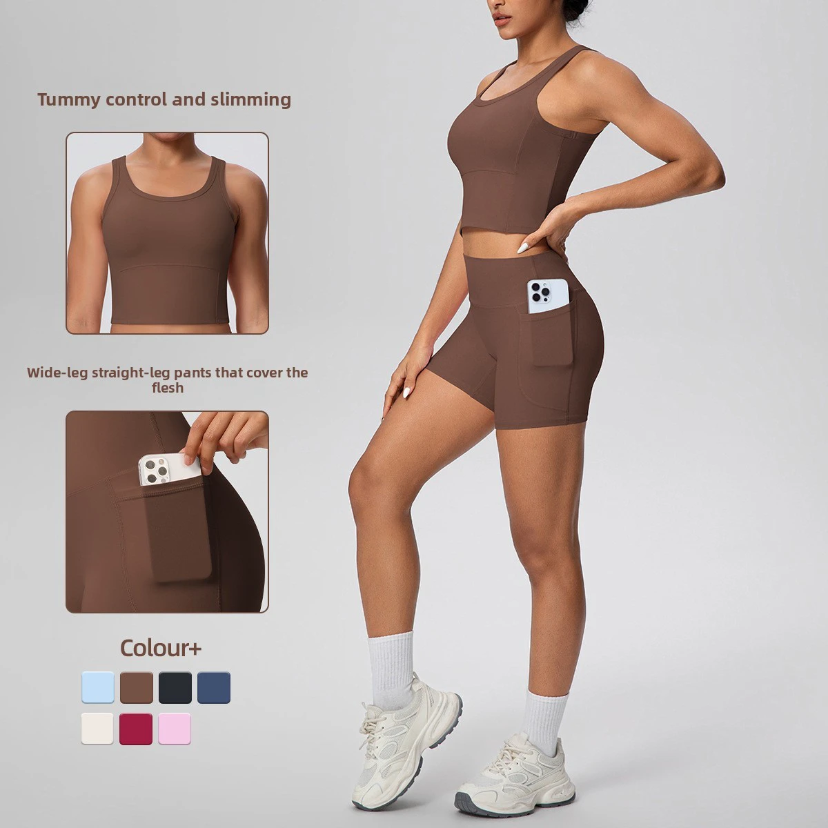 New Cross-border Brushed Solid Color Breathable Spandex/Nylon Simple Vest Pocket Shorts Yoga Suit Sports Running Fitness Set