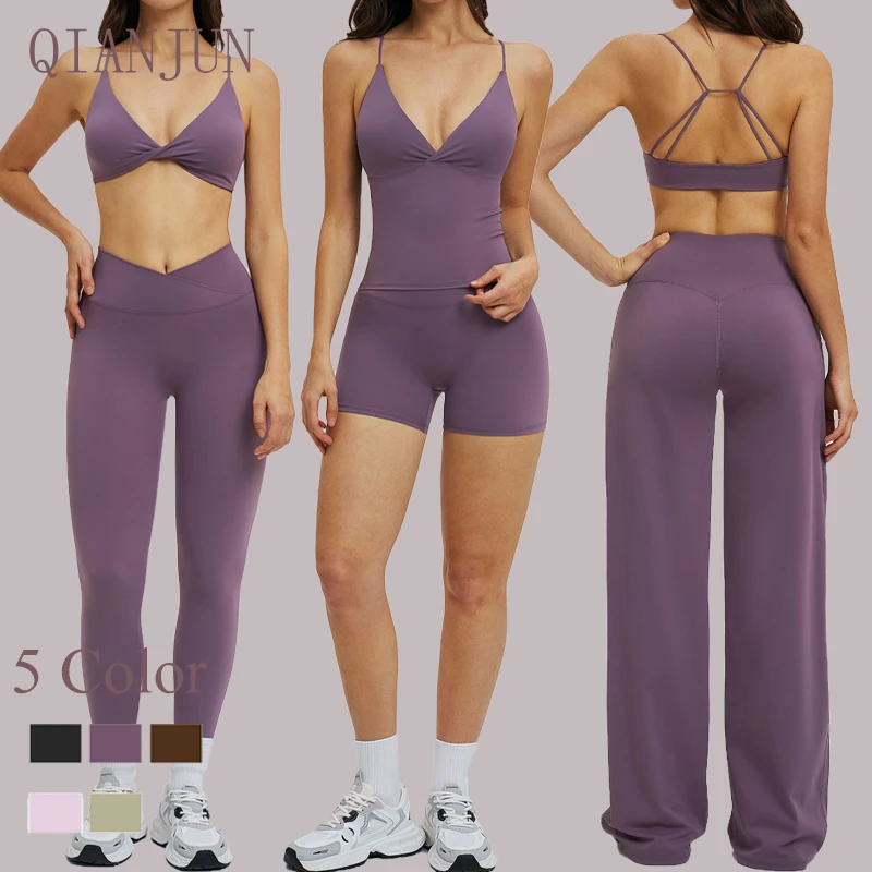 New Arrival Women Fitness Yoga Wear Sexy Sports Yoga Tracksuit Cross Waist Wide Leggings 5 Pieces Slim Workout Set