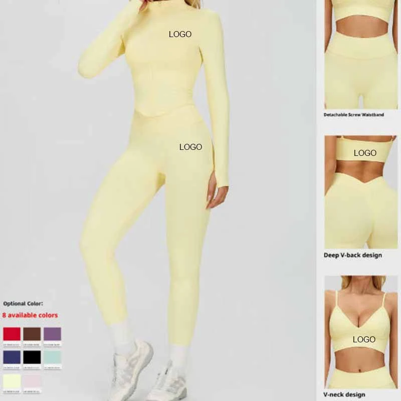 Cross-border Solid Front Seamless High Waist Elastic Waist Women Slimming Quick-drying Four-way Stretch Yoga Set Three-piece