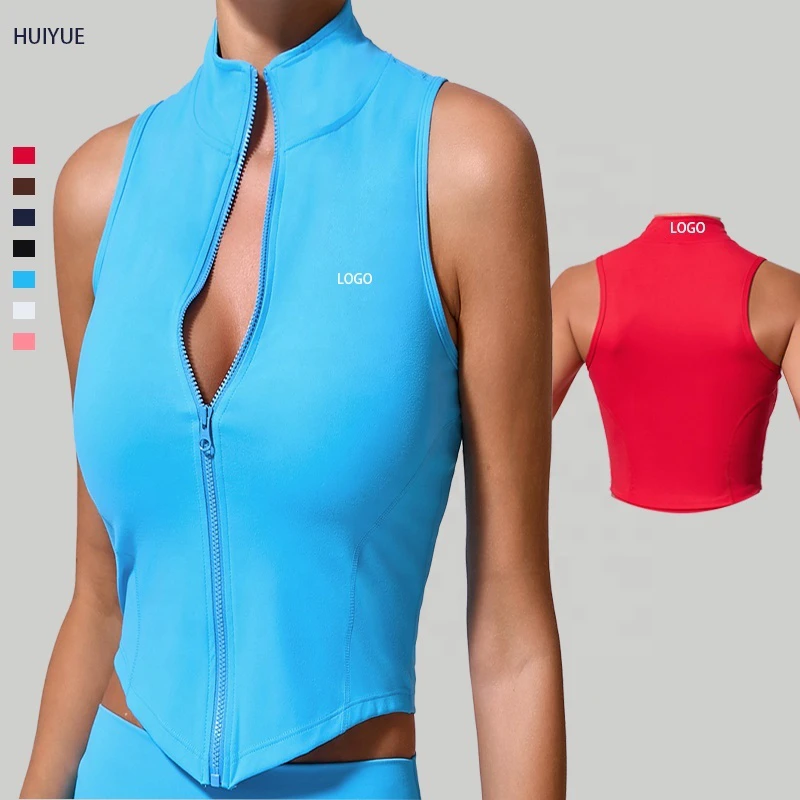 Women's Gym Yoga Running Training Sleeveless Stand Collar Zip-up Tank Top Fashion Spandex Four-Way Stretch Quick Dry Color