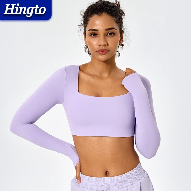 Compression Soft Spandex Customizable Logo Slim Fit Shirts for Women's Long Sleeve Square Neck Quick Dry Yoga Tops Cropped Shirt