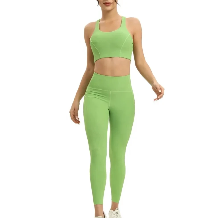New Design Summer Solid Embroidery Breathable Quick Dry Women's Sport Legging Bra and Leggings Set for Yoga Fitness Gym