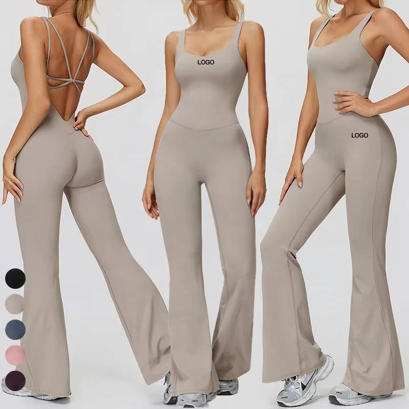 Women Sleeveless Cross Back Strappy Thin Straps Stretchy Flared Yoga Jumpsuit One Piece Fitness Workout Sports Bodysuit Romper