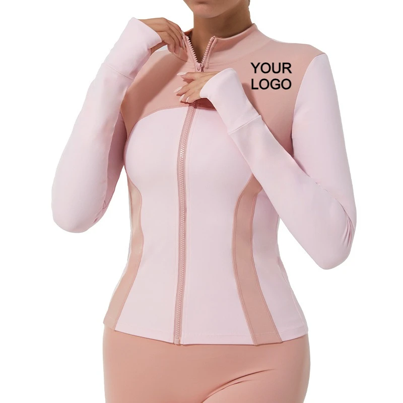 Custom Logo Color Block Stand Collar Zip Up Jacket for Women, Slim Fit Long Sleeve Yoga Workout Top with Thumb Holes