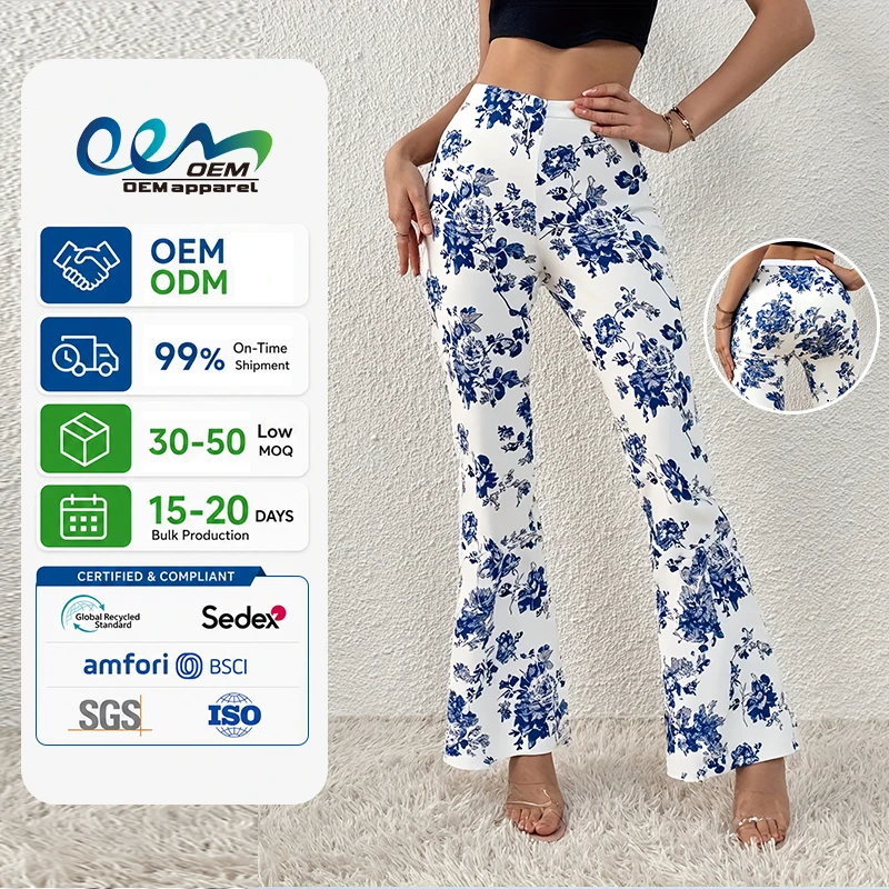Custom Sportswear Supplier Women Blue Flower Full Printing Breathable Quick Dry Gym Training Pilates Flare Yoga Pants Leggings