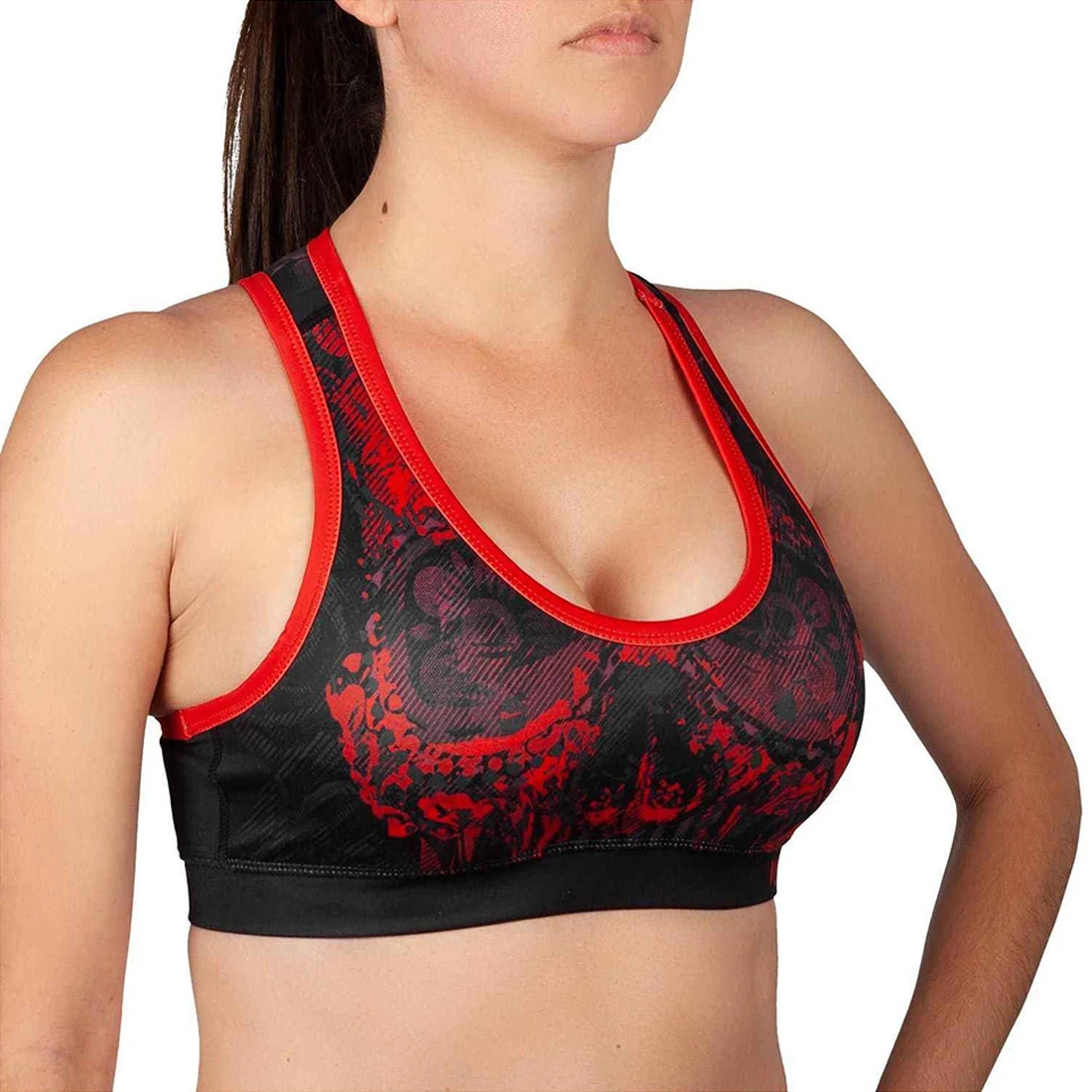 Women Scoop Neck Racerback Sports Bra Red Black Printed Mesh Panel Medium Support Yoga Activewear Breathable Spandex Polyester
