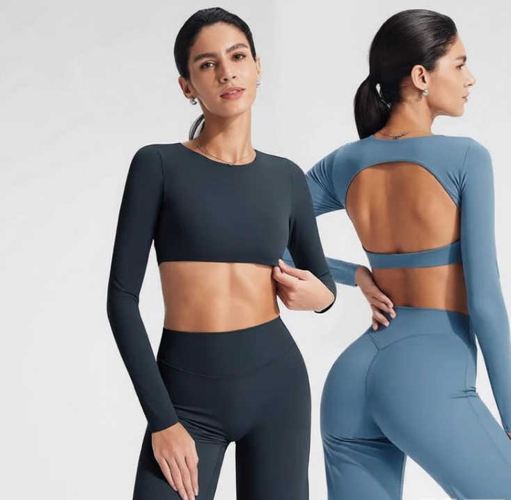 Beautiful Back Hollowed-Out Tight-Fitting for Solid Long-Sleeve T-Shirt Chest Pads Elastic Breathable Yoga Wear for Women