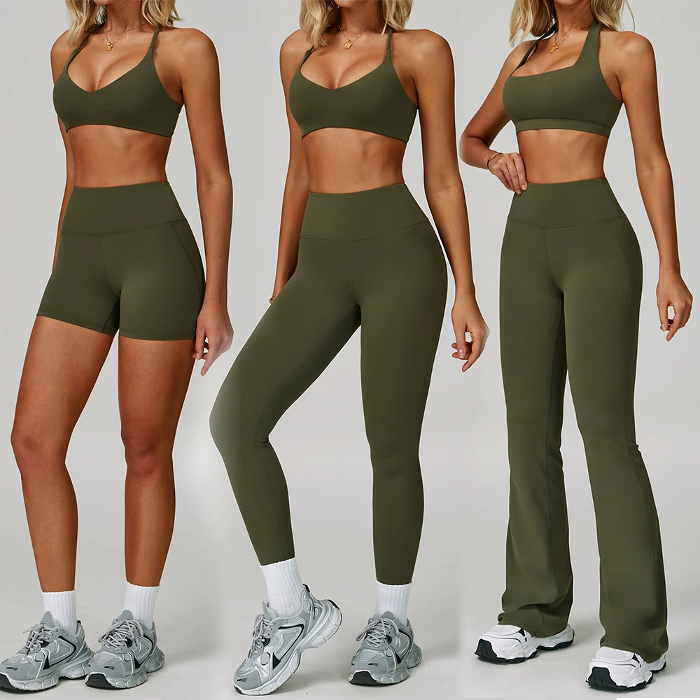 Custom Women Gym Workout Clothing Backless Sweat-absorbing Breathable Athletic Wear 5 Piece Yoga Sets with Chest Pad