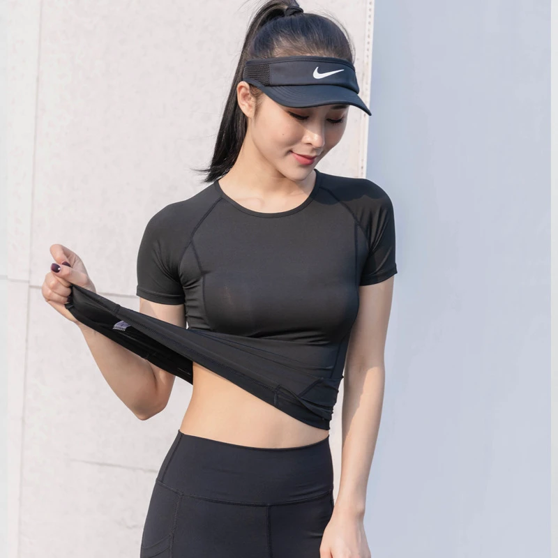 Women's Fleece Solid Short-Sleeve Sports T-Shirt Slim-Fit Crew Neck Elastic Quick-Drying Back Design Summer Fitness Yoga Running