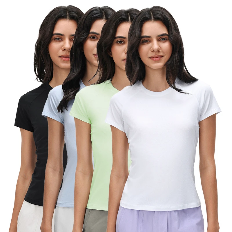 D26037 Women Summer 66.1%cotton Fitness Short Sleeve Round Collar Stretch Running Yoga Solid Slim Fit Sweet Speed Dry T-shirt