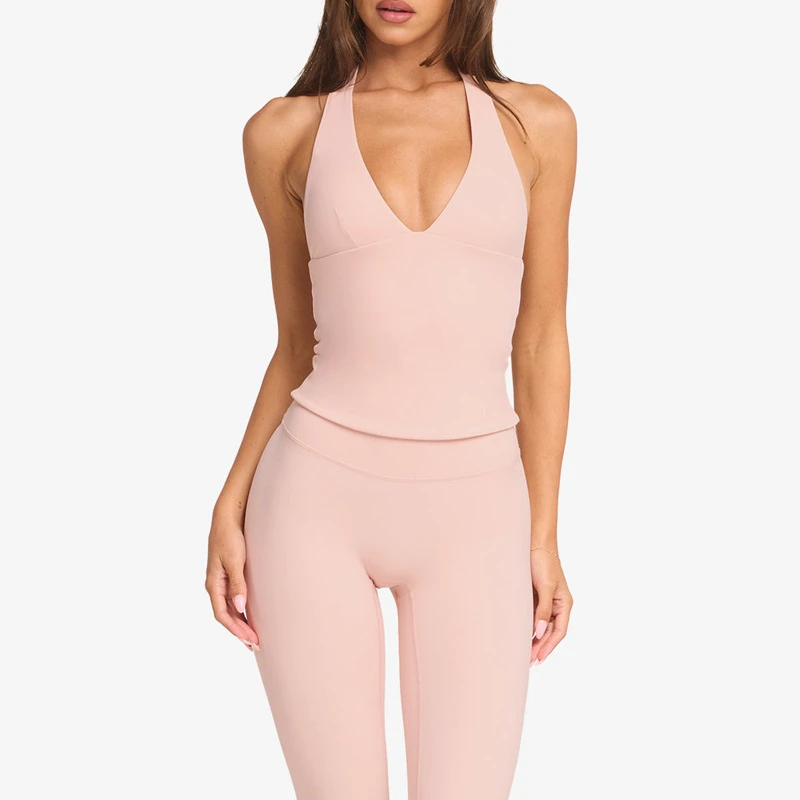 Wholesale Women's Halter Deep V Backless Yoga Tank Top Padded Slim Fit Workout Top Buttery Soft Breathable Fitness Top OEM ODM