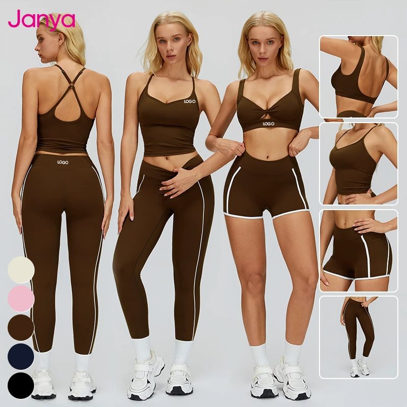 Janya Wholesale High Quality Spandex/Nylon Fitness Clothing Color Blocking Activewear Sports Top Leggings 4 Piece Gym Yoga Sets
