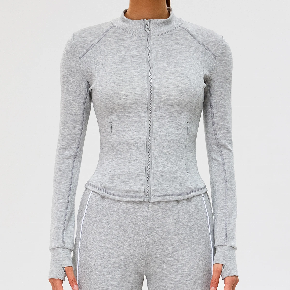 Stand Long Sleeve Women'S Tight Yoga Jackets Zipper Pockets Sports Tops Thumb Hole