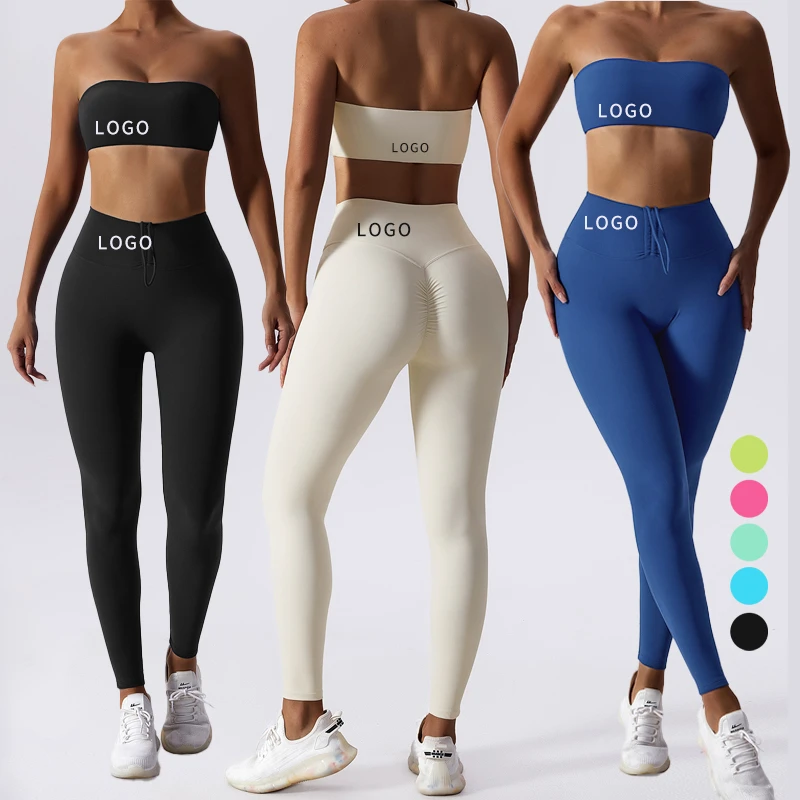 Women Workout Clothing Sport Tights Leggings Bandeau Sports Bra Fitness Drawstring Yoga Wear Pants Gym Clothes