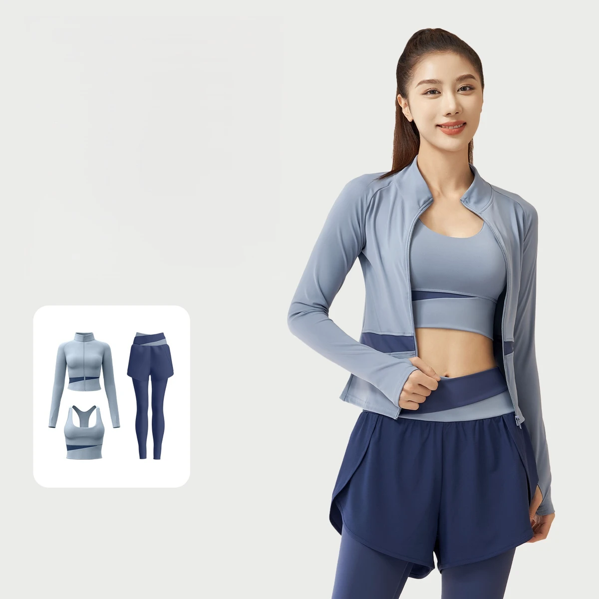 Women's Three-Piece Yoga Set Breathable Slim-Fit Solid Print Shorts Elastic Waist Color-Matching for Internet-Famous Running