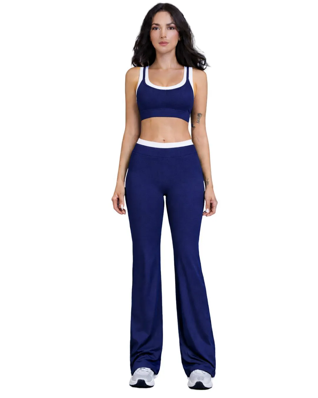 Custom Women Navy Blue White Contrast Sports Bra & Flare Pants Set High Waist Stretch Yoga Fitness Gym Wear Custom OEM Wholesale