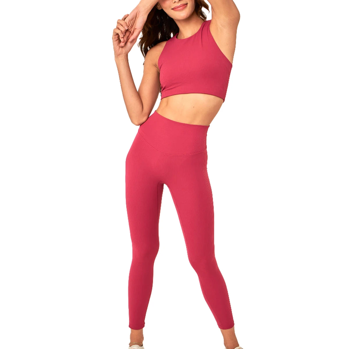Women's Yoga Set Customized High Quality Seamless Solid 2-Piece Sleeveless Elastic Waist Front Spandex/Nylon Gym Fitness Wear