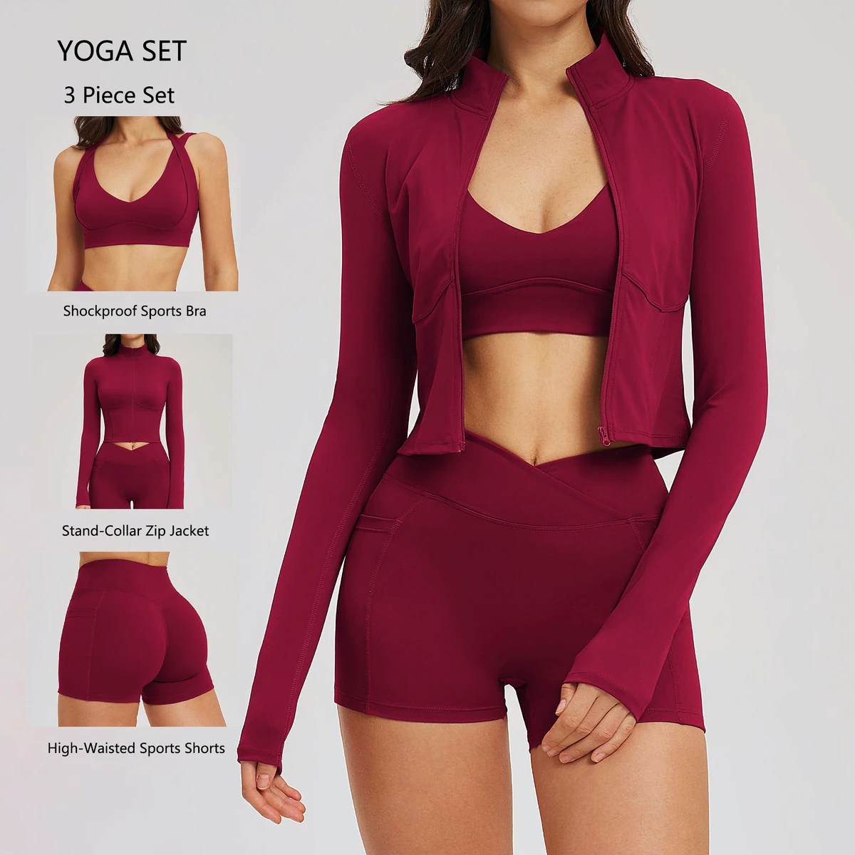 Nude Feeling Stand Collar Zip up Yoga Set Women Slim Fit Backless Casual Fitness Outfit Outdoor Running Sports Three Piece Set