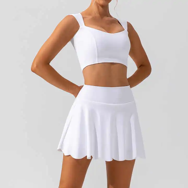 Monochrome Ruffle Skirt Hem Quick Dry Nude Feel Outside Running Sports Dance Fitness Yoga Two Pieces Short Skirt tank Top s