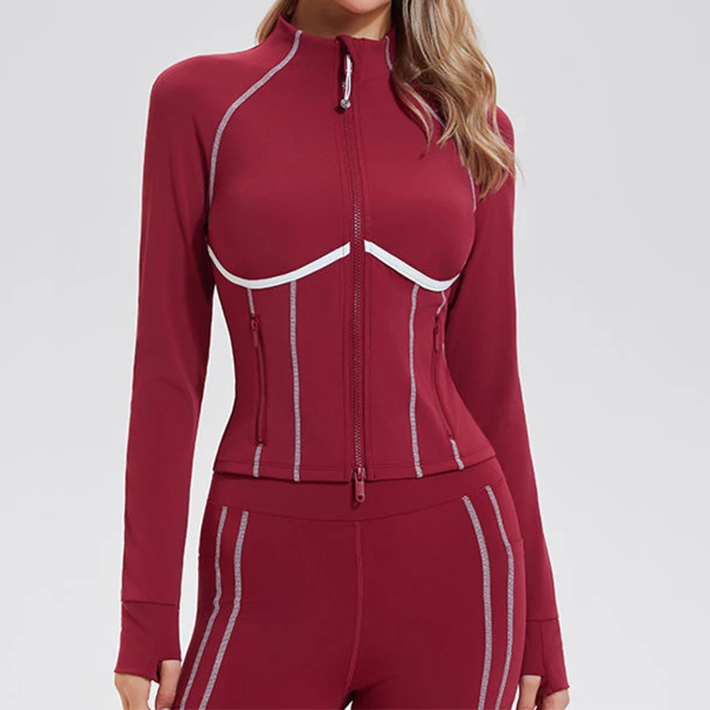 Custom Women Yoga Jacket Stand Collar Zipper Stretch Slim Fit Long Sleeve Moisture Wick Breathable Polyester Brushed