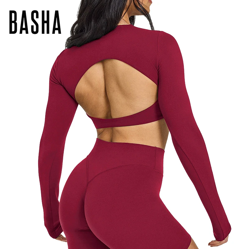 Lightweight Fitness Shirts with Open Back Design and Built in Bras Long Sleeved Breathable Women's Yoga Exercises