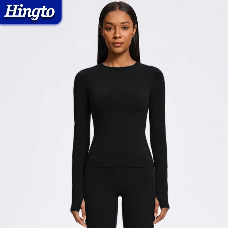 Hingto Women Yoga Gear Gym Sports Top Nylon Spandex Compression Top Long Sleeves Yoga Top