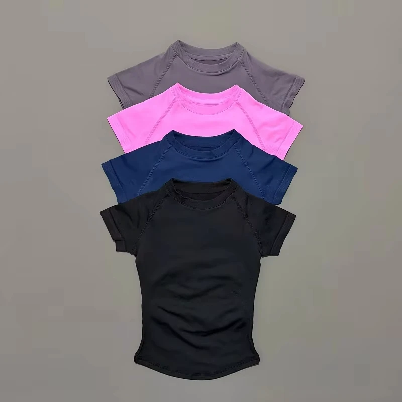 Women Lightweight Breathable Athletic Top Slim Fit Seamed Workout Shirts Short Sleeve Yoga Tops Sports Running Shirt Front Logo