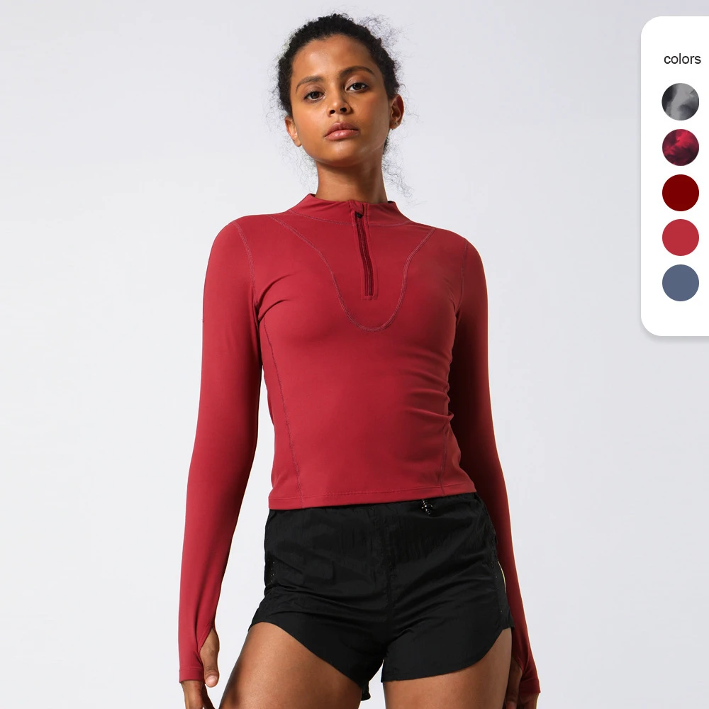 Hot Sale Fashion Tight Elastic Half Zip Yoga Tee Long Sleeves T-shirt Women Gym Fitness Sportswear Top