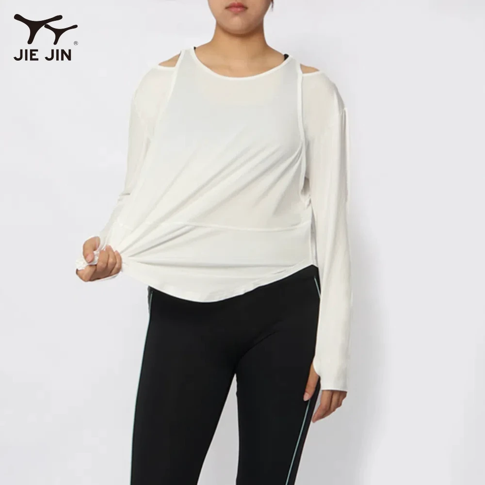 JIEJIN OEM&ODM Cotton Crew Neck Stretchy Long Sleeve Over Size Yoga Gym Shirt for Women Gym Wear