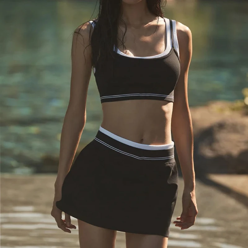 Custom Summer Matching 2 Piece Yoga Set Women Stripe Square Neck High Waist Slim Skirts With Shorts Female Active Outfit