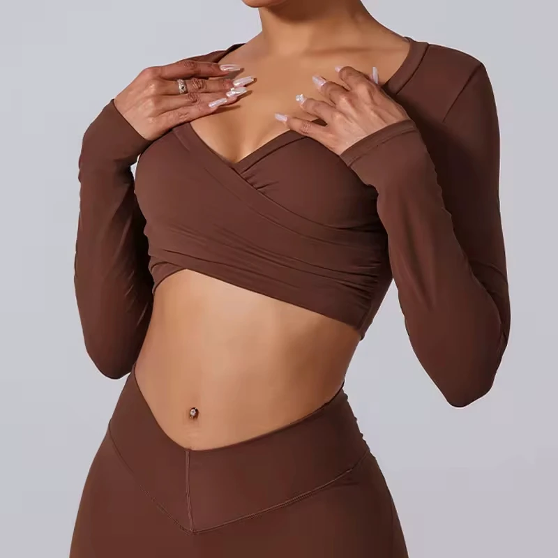 Tight Solid Cross Long Sleeve Sport Top Sexy Deep-v Neck Fashionable Yoga Top for Women Wholesale Yoga Tops with Built in Bra