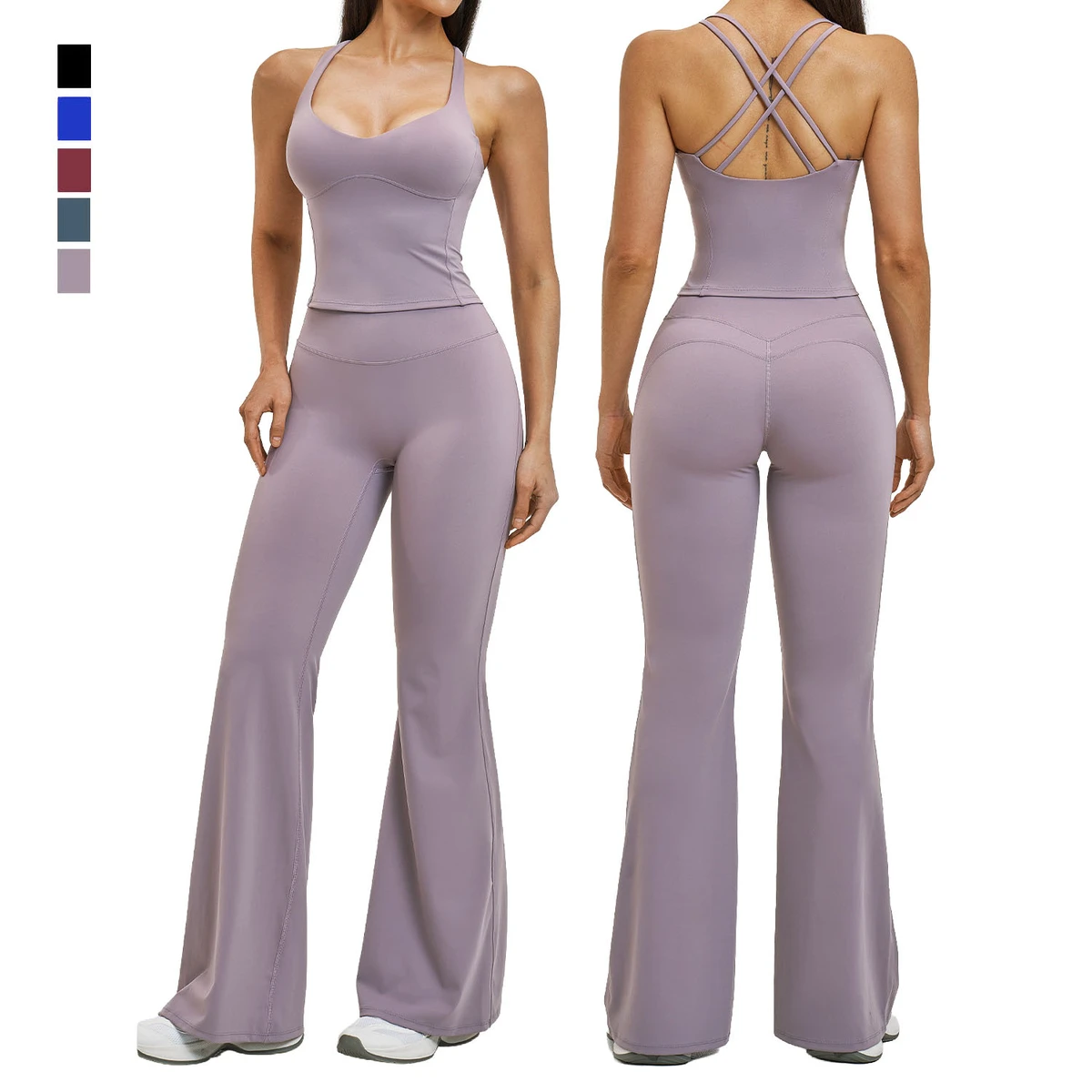 Women Yoga Set Slim Fit Cross Back Workout Tank Top Solid Breathable Stretch High Waist Gym Flare Pants Lightweight Durable