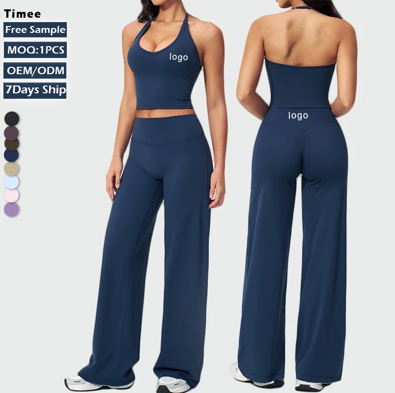 Nude Feeling 2 Piece Yoga Set Women Halter V-Neck Crop Top + High Waist Wide Leg Pants Quick Dry Workout Outfit for Gym