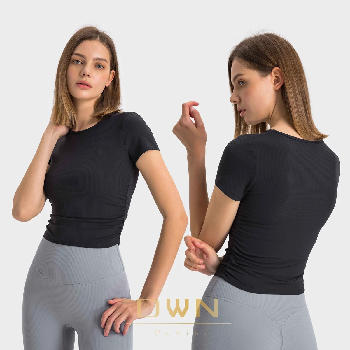 High Quality DOWINI Striped Ribbed Micro Pleated Waist Tightening Short Sleeved High Elasticity and Slimming Women Yoga Sports Top