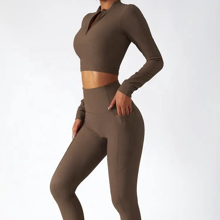 Wholesale Custom Logo Stand Collar Zipper Top Long Sleeve Yoga Top for Women