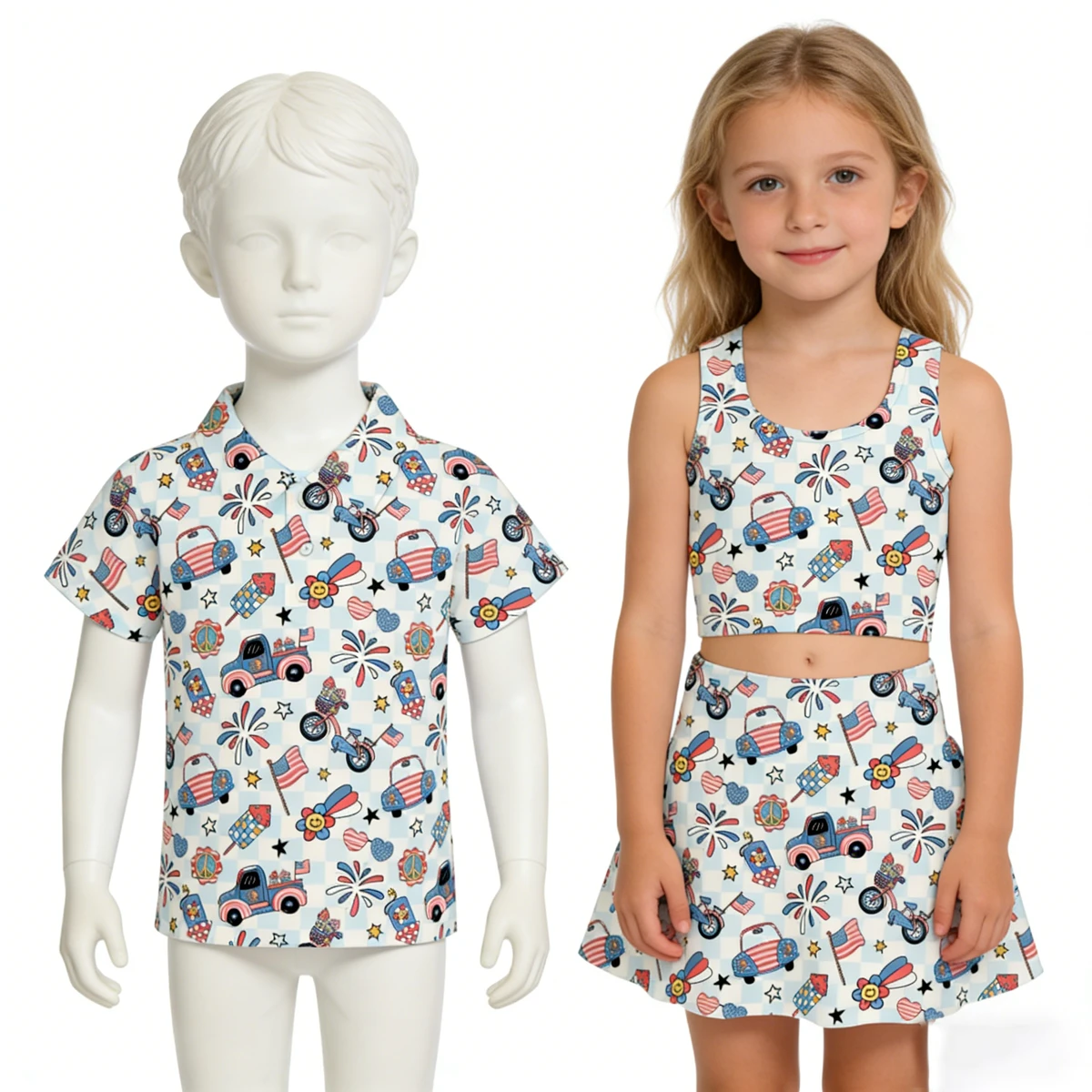 Custom 4th of July Patriotic Girls Athletic Tennis Dress Skort Summer Girls Athletic Yoga Skirt Set With Matching Boy Polo Shirt
