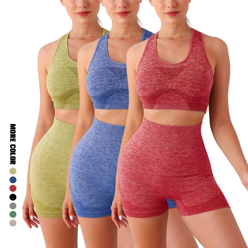 Wholesale Women's Yoga Fitness Quick-Drying 2-Piece Sports Set High Waist Shorts and Push-Up Vest Gym Suit for Adults Running