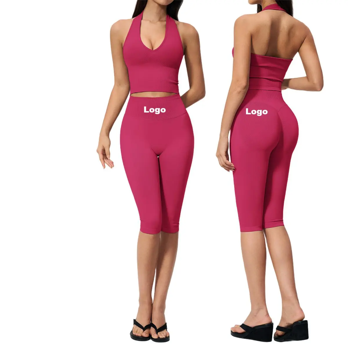 Custom Logo Women's 2-Piece Lightweight Four-Way Stretch Seamless Fitness Running Training Set Sports Bra Capri Pants Tank Top