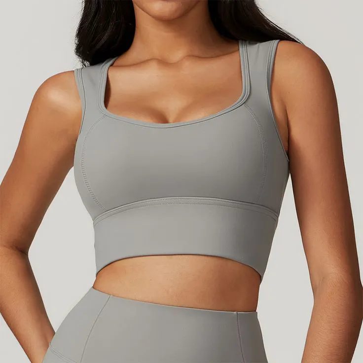 Womens Eco-Friendly Anti-static Solid Ribbed Lightweight Windproof Seamless Square Neck High Support Sports Bra Crop Top (Gym